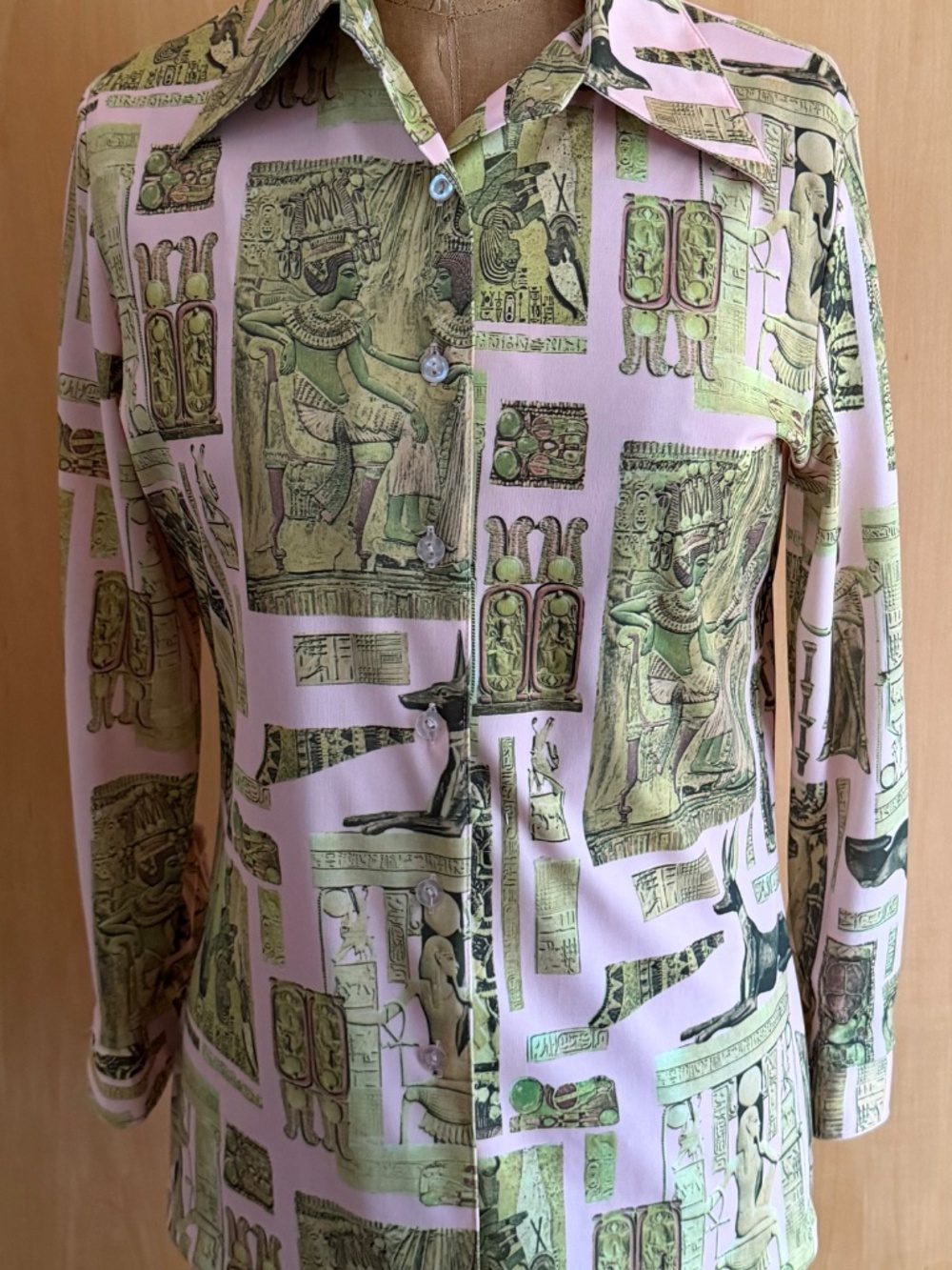 1970s Vintage Blouse Featuring Egyptian Hieroglyphics and Deities